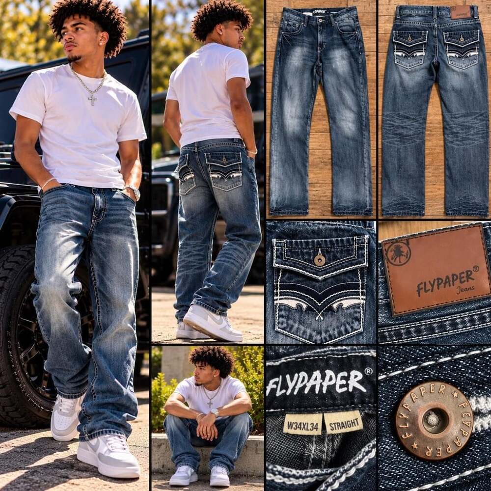 Flypaper Straight-Leg Jeans Size W34xL34 Blue Embroidered Y2K Denim